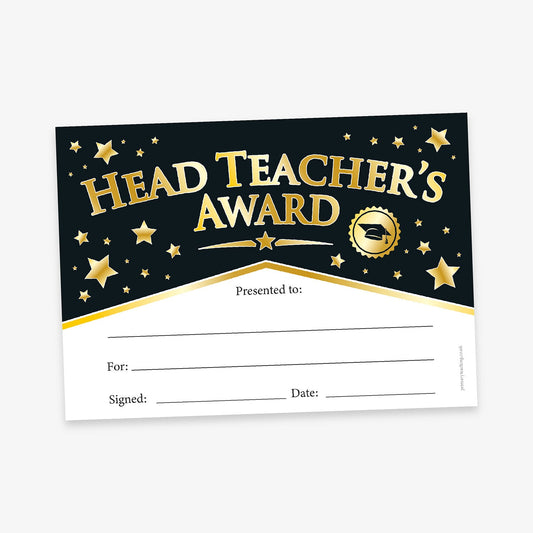 A5-sized 'Head Teacher's Award' certificate featuring a black background adorned with gold stars and a gold mortarboard emblem. The certificate includes designated spaces for 'Presented to:', 'For:', 'Signed:', and 'Date:' to personalise the award for pupils' achievements
