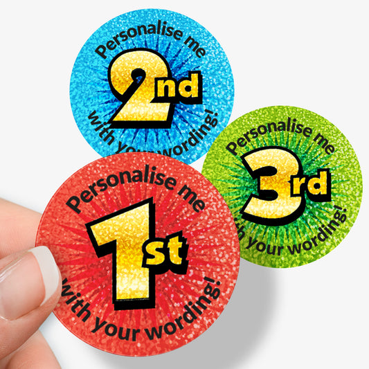 35 Personalised Holographic 1st, 2nd or 3rd Place Stickers - 37mm