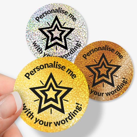 Three round stickers with star designs and text 'Personalise me with your wording!' on a white background.