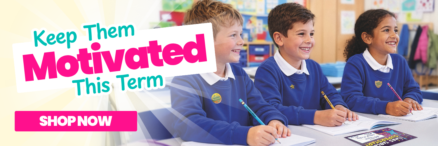 Children in school uniforms sitting at a desk with promotional text 'Keep Them Motivated This Term' and 'Shop Now' button.