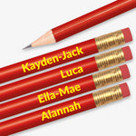 Personalised red HB pencil with customisable text along the barrel, available in 13 vibrant colours, complete with eraser, designed for classroom rewards or promotional use.