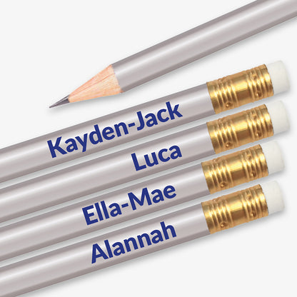 Personalised silver HB pencil with customisable text along the barrel, available in 13 vibrant colours, complete with eraser, designed for classroom rewards or promotional use.