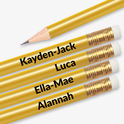 Personalised gold HB pencil with customisable text along the barrel, available in 13 vibrant colours, complete with eraser, designed for classroom rewards or promotional use.