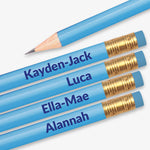 Personalised light blue HB pencil with customisable text along the barrel, available in 13 vibrant colours, complete with eraser, designed for classroom rewards or promotional use.