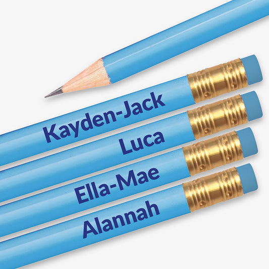 Personalised light blue HB pencil with customisable text along the barrel, available in 13 vibrant colours, complete with eraser, designed for classroom rewards or promotional use.