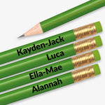 Personalised lime green HB pencil with customisable text along the barrel, available in 13 vibrant colours, complete with eraser, designed for classroom rewards or promotional use.