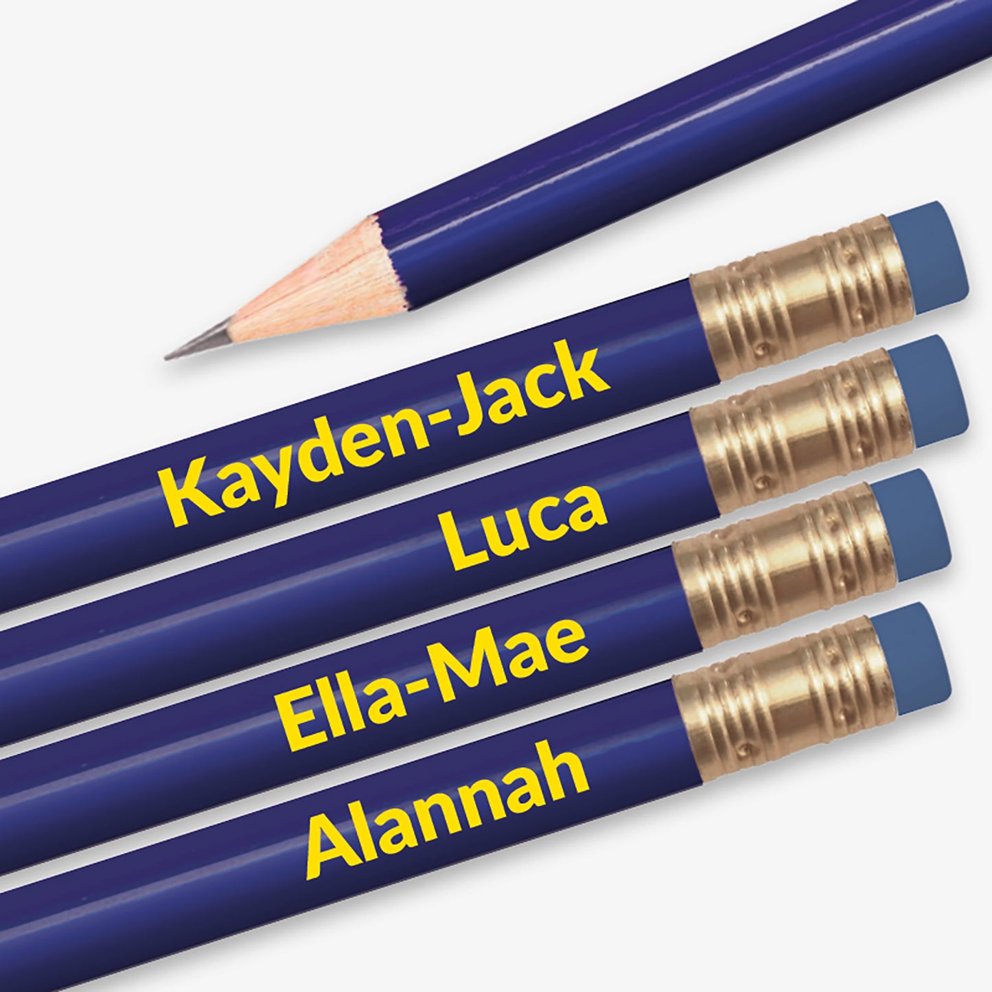 Personalised dark blue HB pencil with customisable text along the barrel, available in 13 vibrant colours, complete with eraser, designed for classroom rewards or promotional use.
