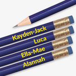 Personalised dark blue HB pencil with customisable text along the barrel, available in 13 vibrant colours, complete with eraser, designed for classroom rewards or promotional use.