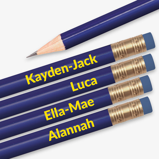 Personalised dark blue HB pencil with customisable text along the barrel, available in 13 vibrant colours, complete with eraser, designed for classroom rewards or promotional use.
