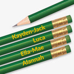 Personalised green HB pencil with customisable text along the barrel, available in 13 vibrant colours, complete with eraser, designed for classroom rewards or promotional use.