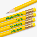 Personalised yellow HB pencil with customisable text along the barrel, available in 13 vibrant colours, complete with eraser, designed for classroom rewards or promotional use.
