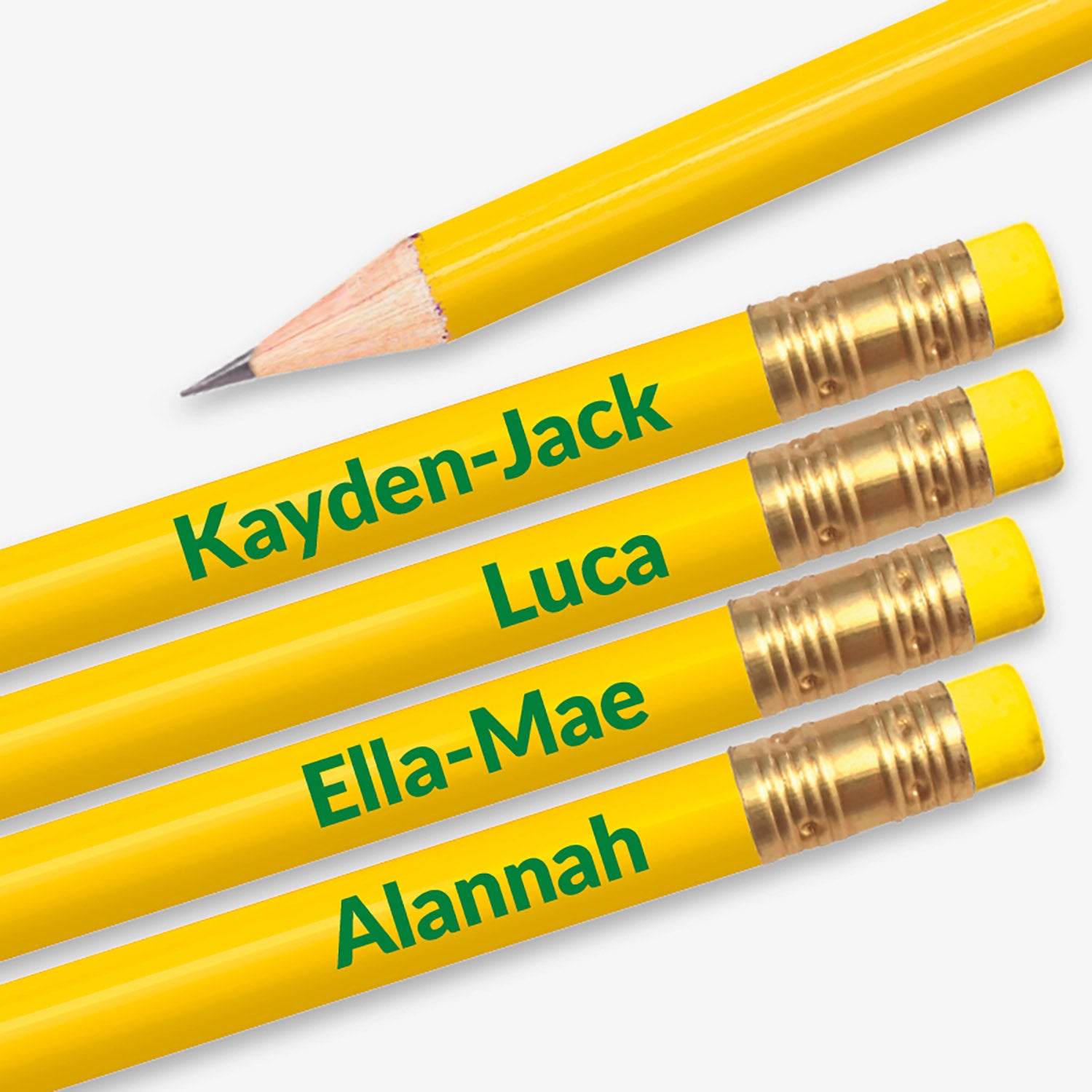 Personalised yellow HB pencil with customisable text along the barrel, available in 13 vibrant colours, complete with eraser, designed for classroom rewards or promotional use.
