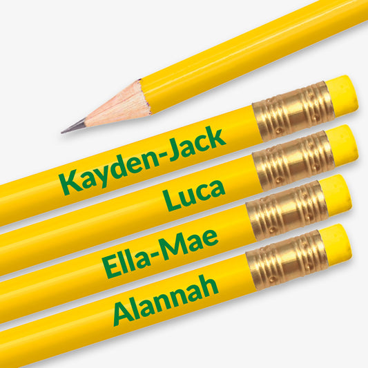 Personalised yellow HB pencil with customisable text along the barrel, available in 13 vibrant colours, complete with eraser, designed for classroom rewards or promotional use.