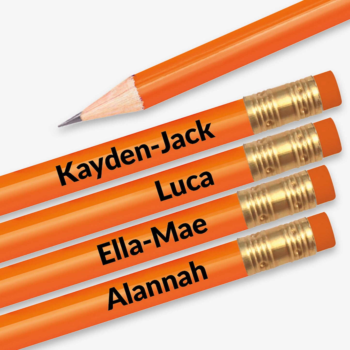 Personalised orange HB pencil with customisable text along the barrel, available in 13 vibrant colours, complete with eraser, designed for classroom rewards or promotional use.
