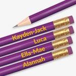 Personalised purple HB pencil with customisable text along the barrel, available in 13 vibrant colours, complete with eraser, designed for classroom rewards or promotional use.