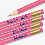 Personalised pink HB pencil with customisable text along the barrel, available in 13 vibrant colours, complete with eraser, designed for classroom rewards or promotional use.
