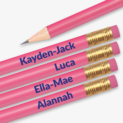 Personalised pink HB pencil with customisable text along the barrel, available in 13 vibrant colours, complete with eraser, designed for classroom rewards or promotional use.