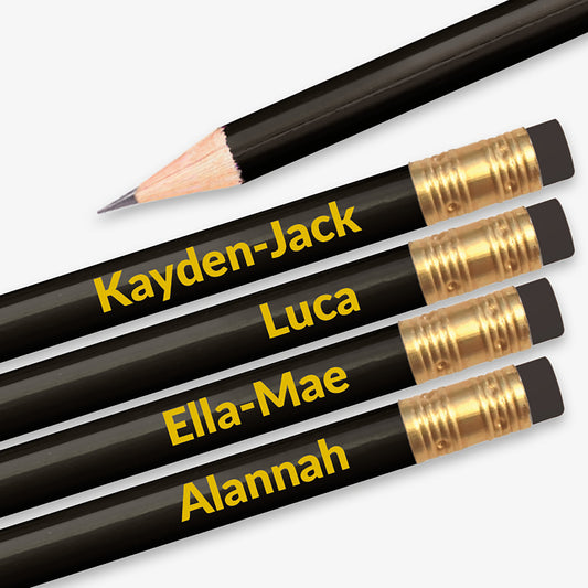 Personalised black HB pencil with customisable text along the barrel, available in 13 vibrant colours, complete with eraser, designed for classroom rewards or promotional use.