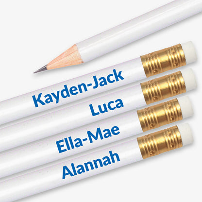 Personalised white HB pencil with customisable text along the barrel, available in 13 vibrant colours, complete with eraser, designed for classroom rewards or promotional use.