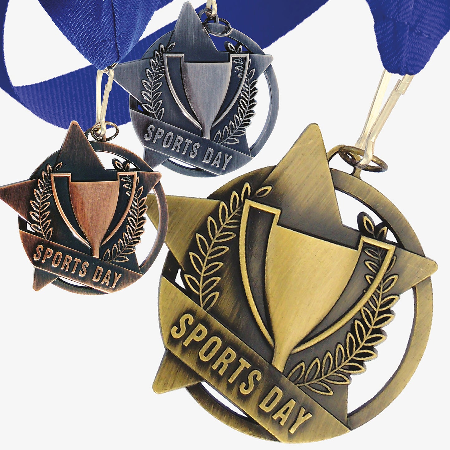 Three medals with 'Sports Day' text, one gold, one silver, and one bronze, on a white background.