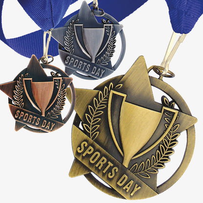 Three medals with 'Sports Day' text, one gold, one silver, and one bronze, on a white background.