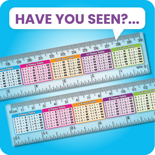 30cm rulers with colourful multiplication tables on a clear background.