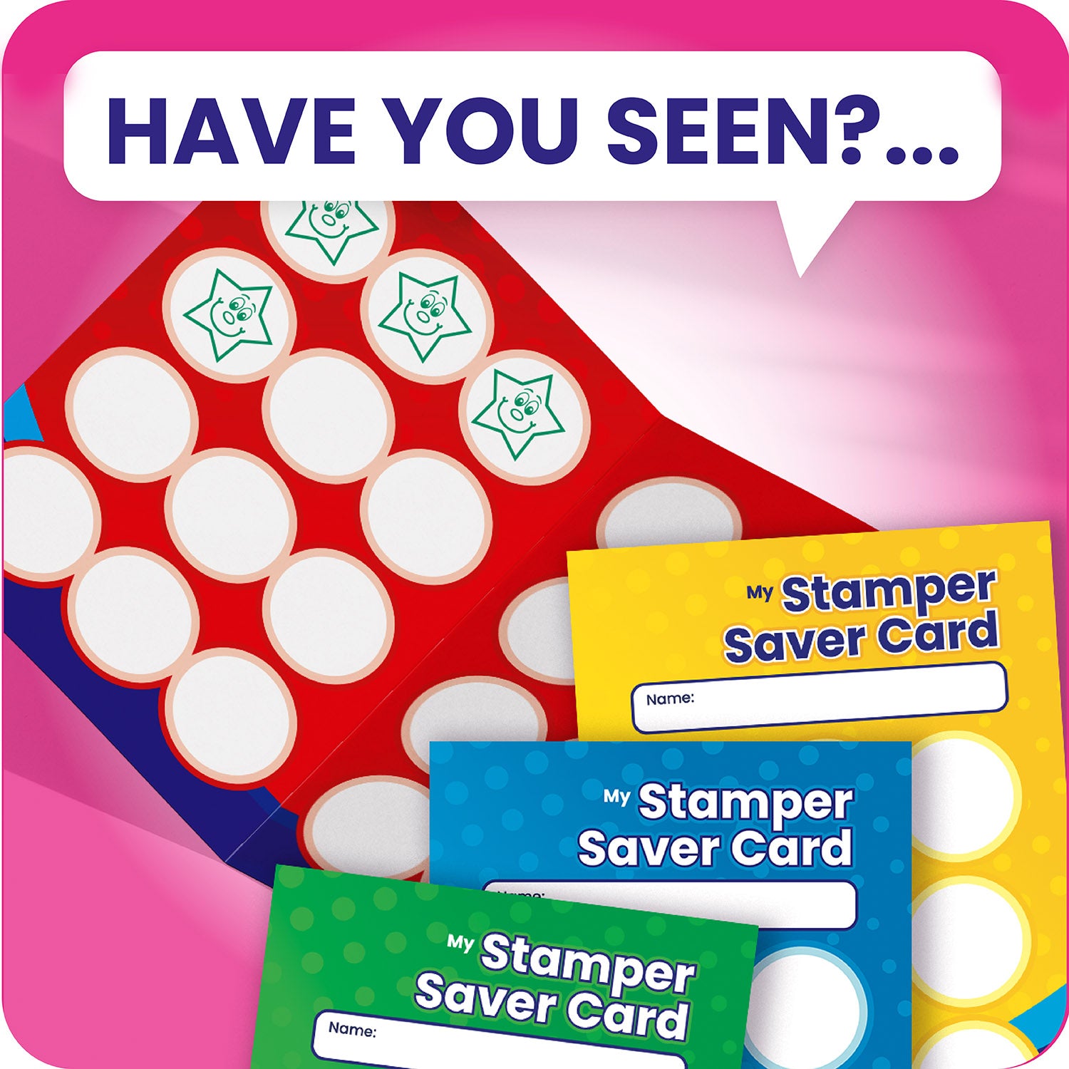 A set of brightly coloured 'Stamper Saver Cards' for tracking student rewards. One red card is opened, showing circular spaces for stamps, some filled with green star designs featuring smiley faces and one gold star sticker. Below are additional cards in blue, yellow, green, and purple, each with a blank name section and the title 'My Stamper Saver Card'.