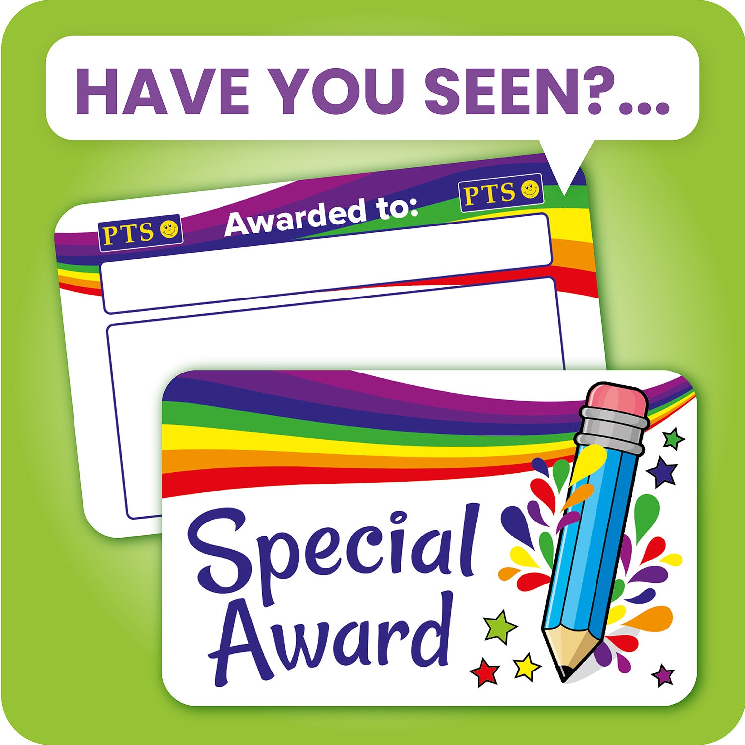 A set of ten wallet-sized 'Special Award' CertifiCARDS, each featuring a vibrant rainbow banner at the top and a colourful pencil illustration on the right side; includes spaces labelled 'Awarded to:' for personalisation; designed to celebrate pupils' achievements and positive behaviour in educational settings.