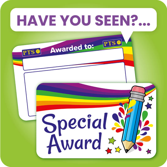 A set of ten wallet-sized 'Special Award' CertifiCARDS, each featuring a vibrant rainbow banner at the top and a colourful pencil illustration on the right side; includes spaces labelled 'Awarded to:' for personalisation; designed to celebrate pupils' achievements and positive behaviour in educational settings.