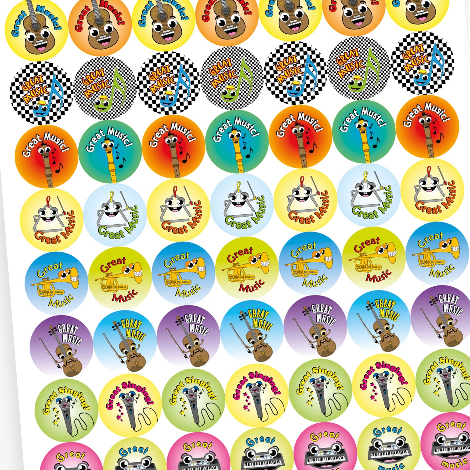 A sheet of colourful circular stickers with the phrase 'Great Music'. Each sticker features a cheerful cartoon musical instrument, including a musical note, drum, trumpet, keyboard, guitar, maracas, triangle, and recorder. The backgrounds vary in bright colours and patterns, designed to celebrate musical achievement in a fun and engaging way.