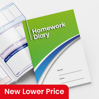 Modern 'Homework Diary' with a professional lime green and white cover featuring curved lines and subtle school-themed icons in the background. The title is in white text, and there are blank spaces for 'Name' and 'Class'. 