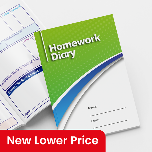 Modern 'Homework Diary' with a professional lime green and white cover featuring curved lines and subtle school-themed icons in the background. The title is in white text, and there are blank spaces for 'Name' and 'Class'. 