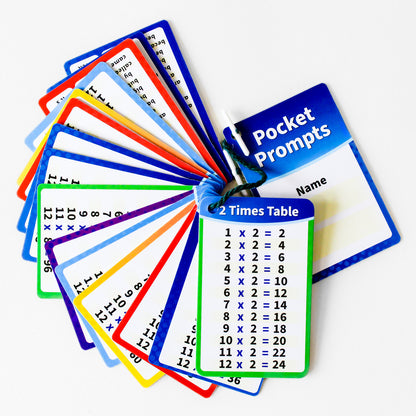 Set of colourful laminated 'Pocket Prompts' flashcards on a keyring, each featuring a different times table from 1 to 12. The cards are bordered in various colours and fan out around a central ring. A title card includes space to write a pupil’s name.