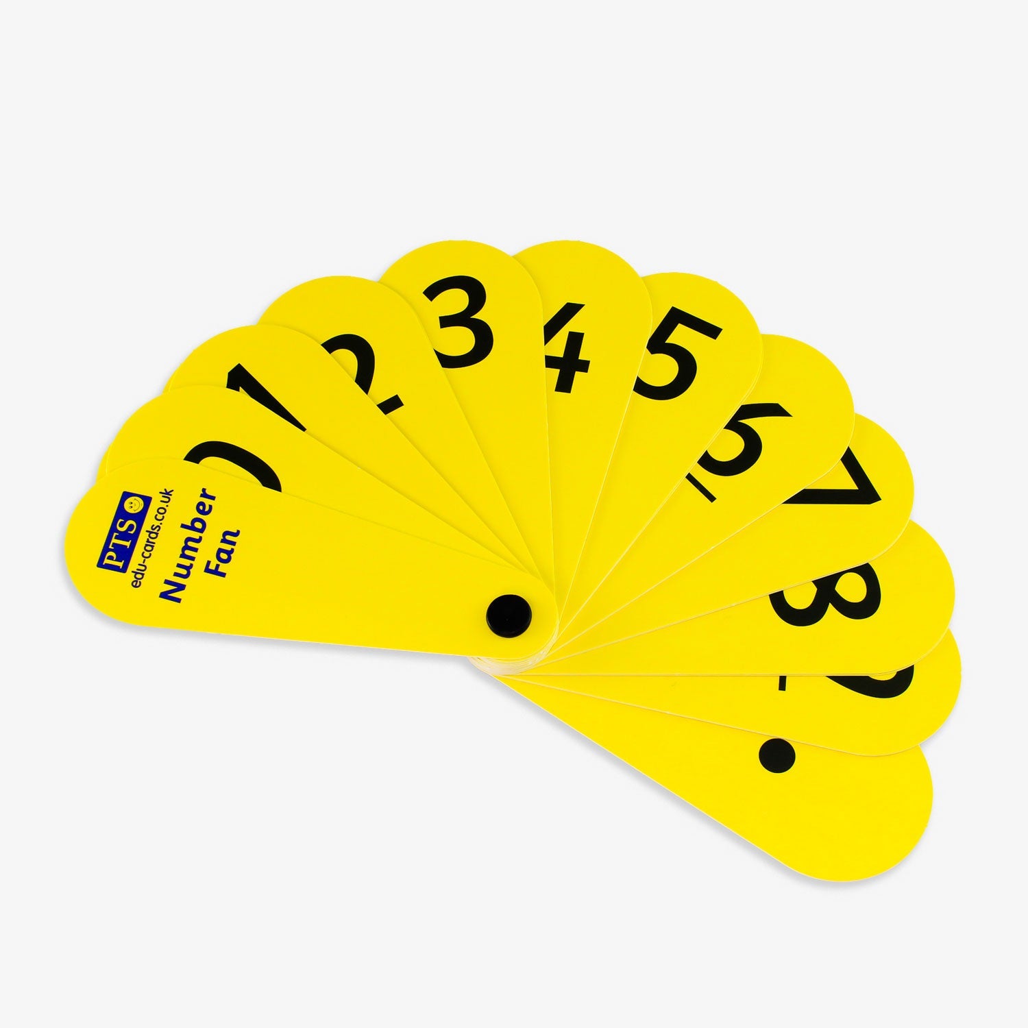 A laminated number fan featuring yellow, petal-shaped cards displaying bold black numerals from 0 to 9, including a decimal point; all cards are connected at the base with a black rivet, allowing them to fan out for easy number selection; designed as a hands-on tool to support number recognition, place value, and decimal understanding in early maths education
