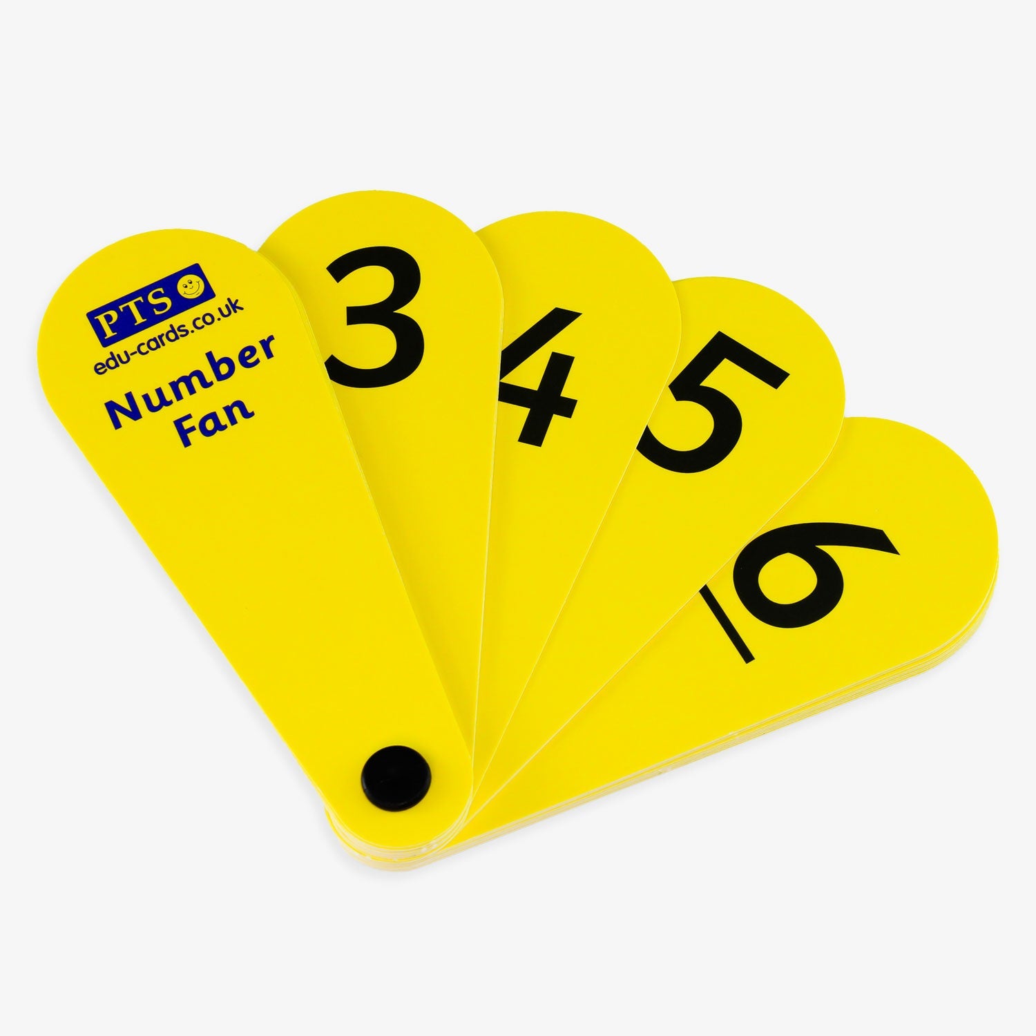 A laminated number fan featuring yellow, petal-shaped cards displaying bold black numerals from 3 to 6, connected at the base with a black rivet, allowing them to fan out for easy number selection; designed as a hands-on tool to support number recognition, place value, and decimal understanding in early maths education
