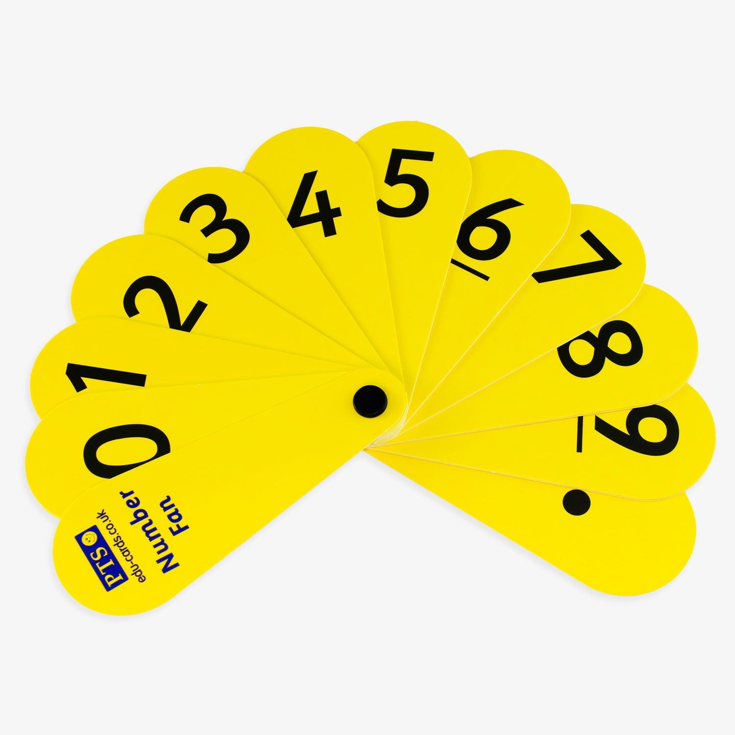 A laminated number fan featuring yellow, petal-shaped cards displaying bold black numerals from 0 to 9, including a decimal point; all cards are connected at the base with a black rivet, allowing them to fan out for easy number selection; designed as a hands-on tool to support number recognition, place value, and decimal understanding in early maths education
