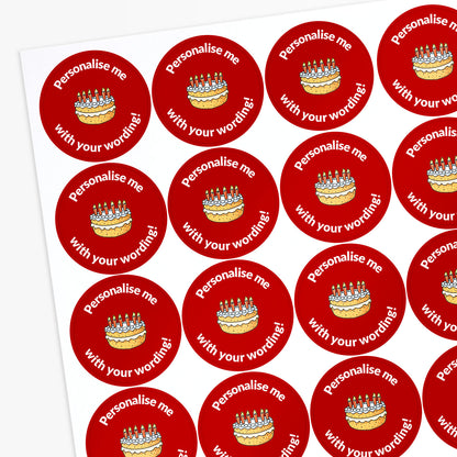 Red stickers with a birthday cake as the central image.  Space for personalisation above and below the image.