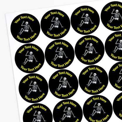 Sheet of round stickers with skeleton graphics and customizable text.