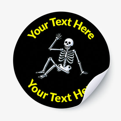 Round black sticker with a skeleton and customizable text on a white background
