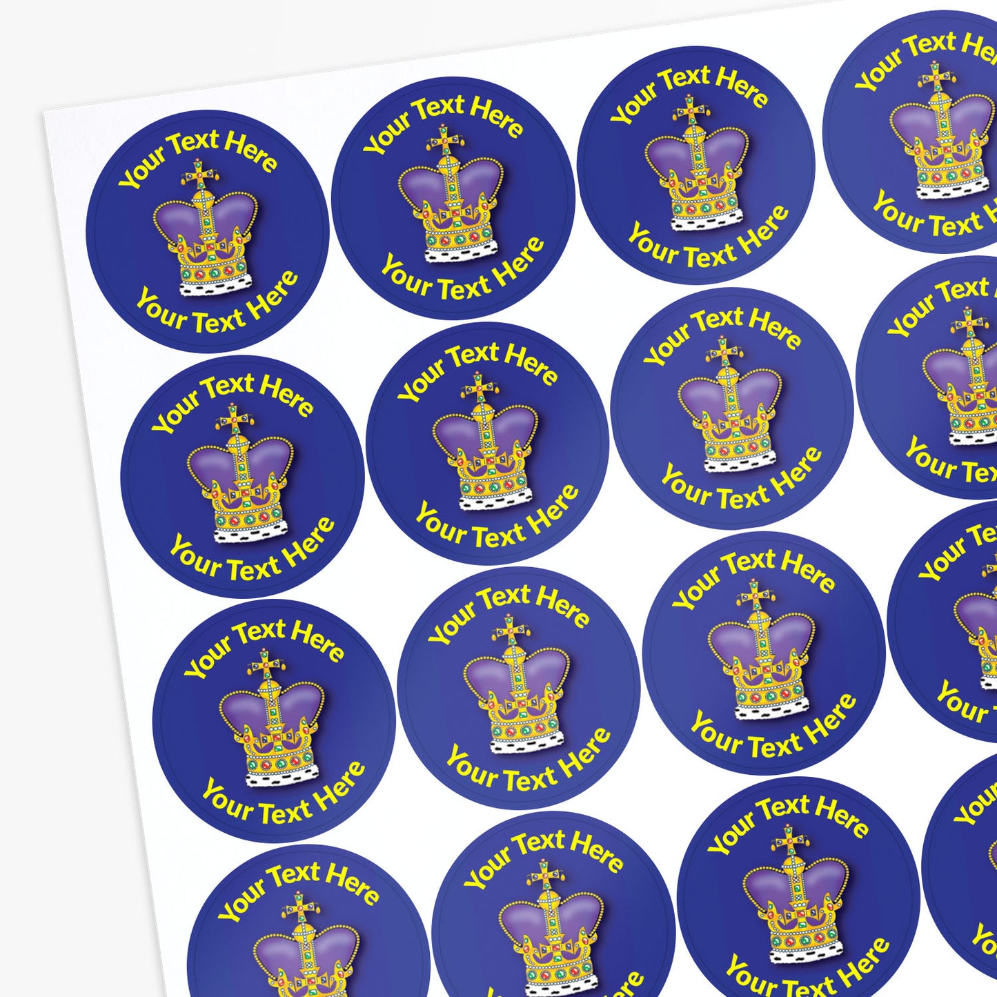 Sheet of round stickers with purple crowns and customisable text.