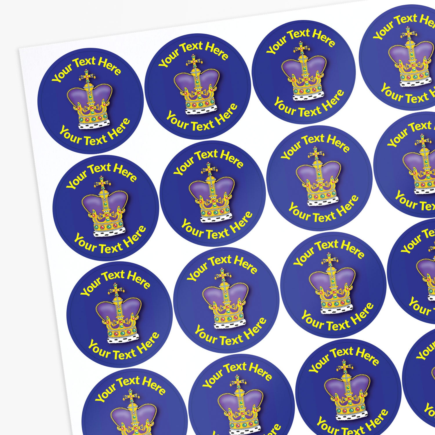 Sheet of round stickers with purple crowns and customisable text.