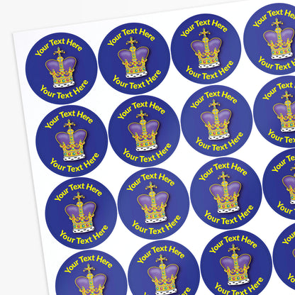 Sheet of round stickers with purple crowns and customisable text.