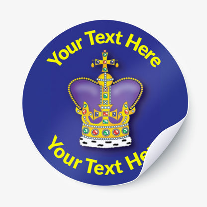 Round customizable sticker with a crown design and text area on a blue background