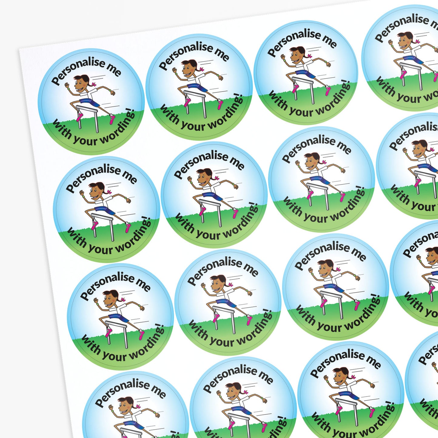Sheet of personalised stickers with a child running and text 'Personalise me with your wording!'.