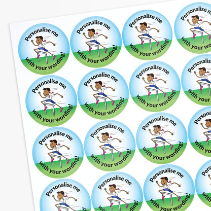 Sheet of personalised stickers with a child running and text 'Personalise me with your wording!'.
