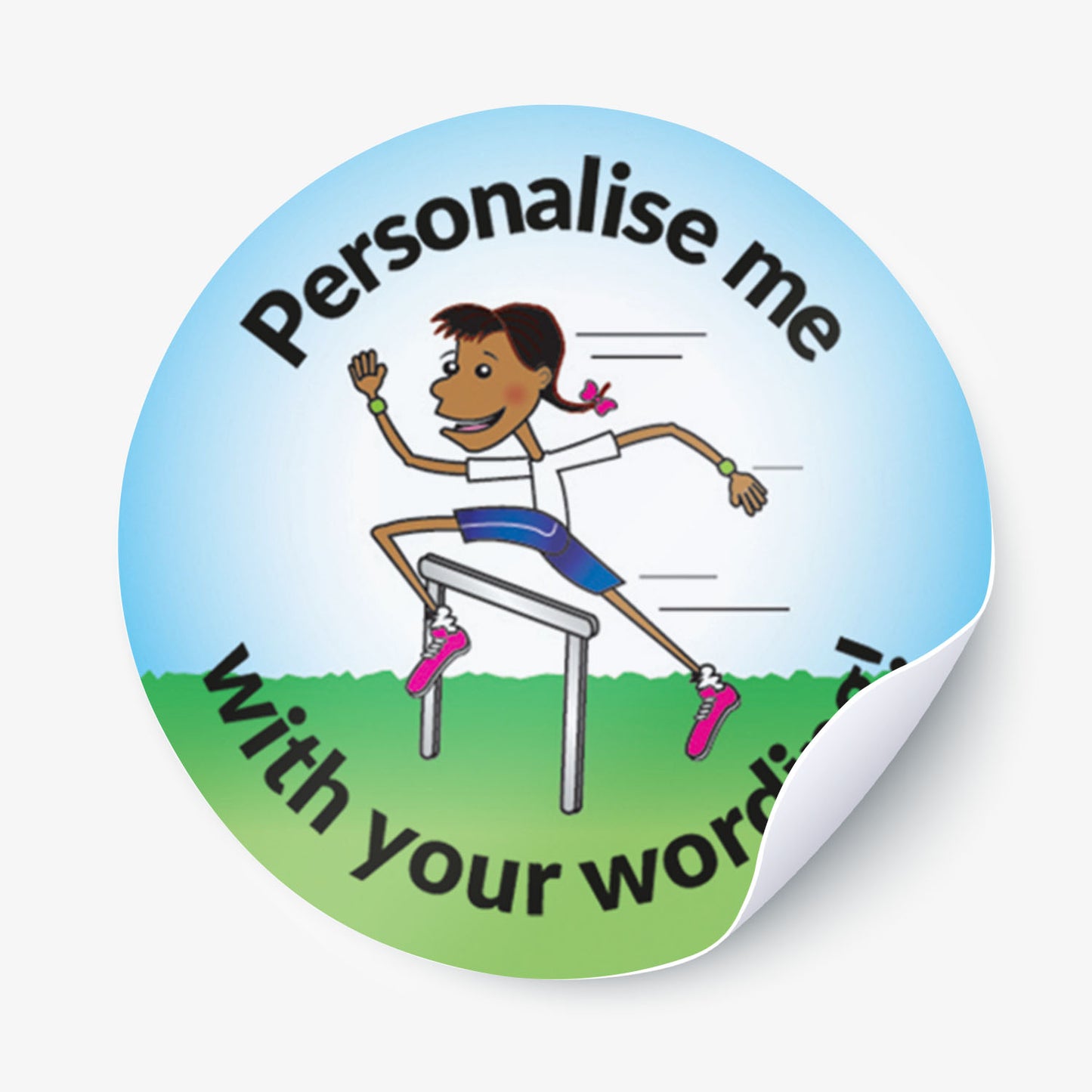 Round sticker with a girl running and text 'Personalise me with your words' on a blue and green background.
