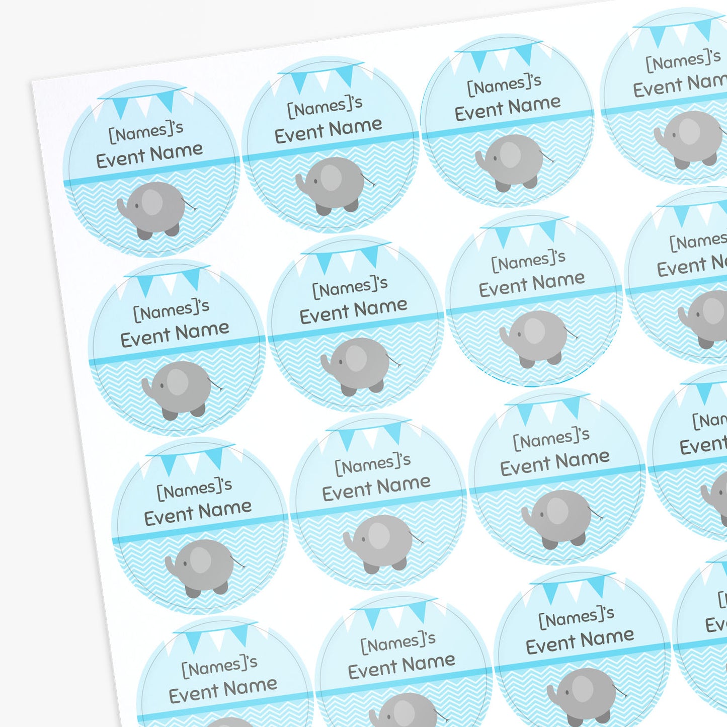 Sheet of blue circular sticker with an elephant and text