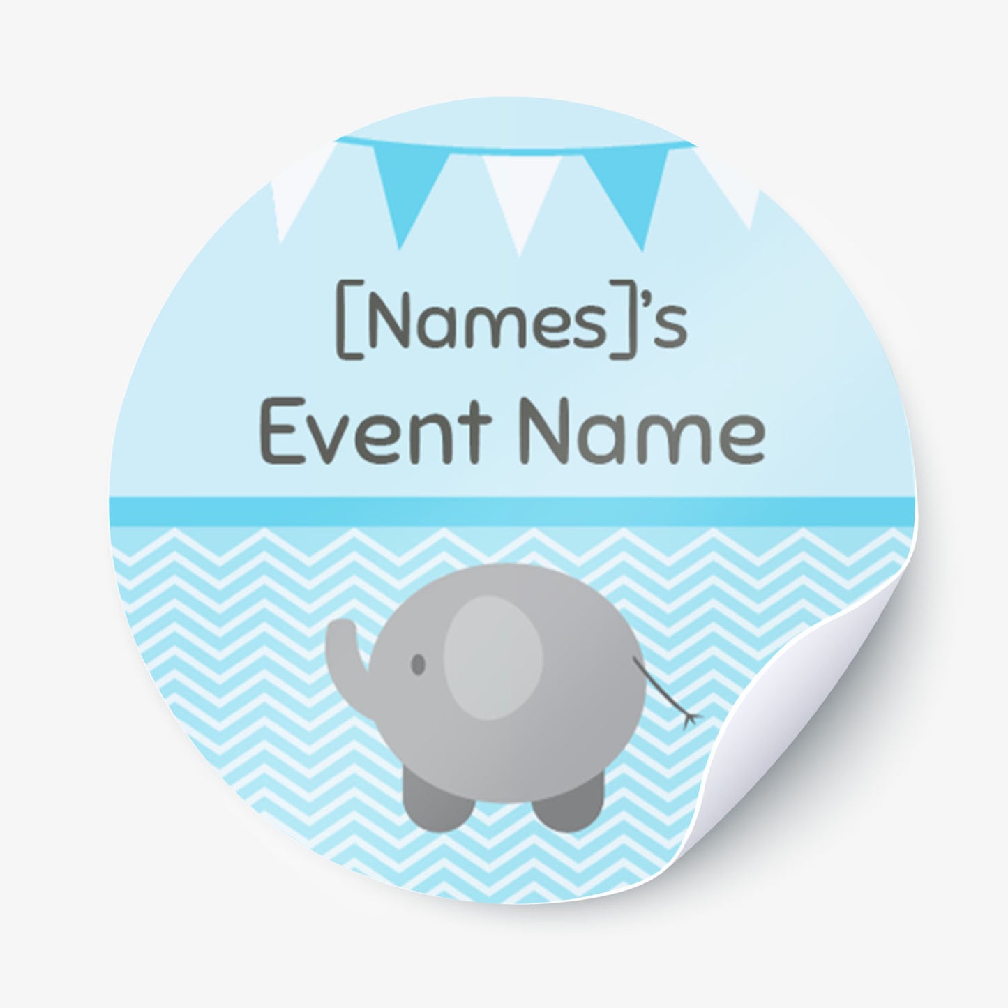 One blue circular sticker with an elephant and text on a white background