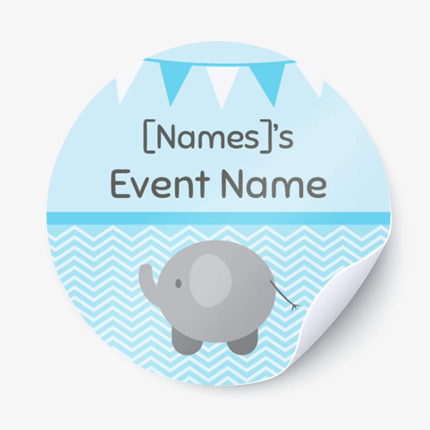 One blue circular sticker with an elephant and text on a white background