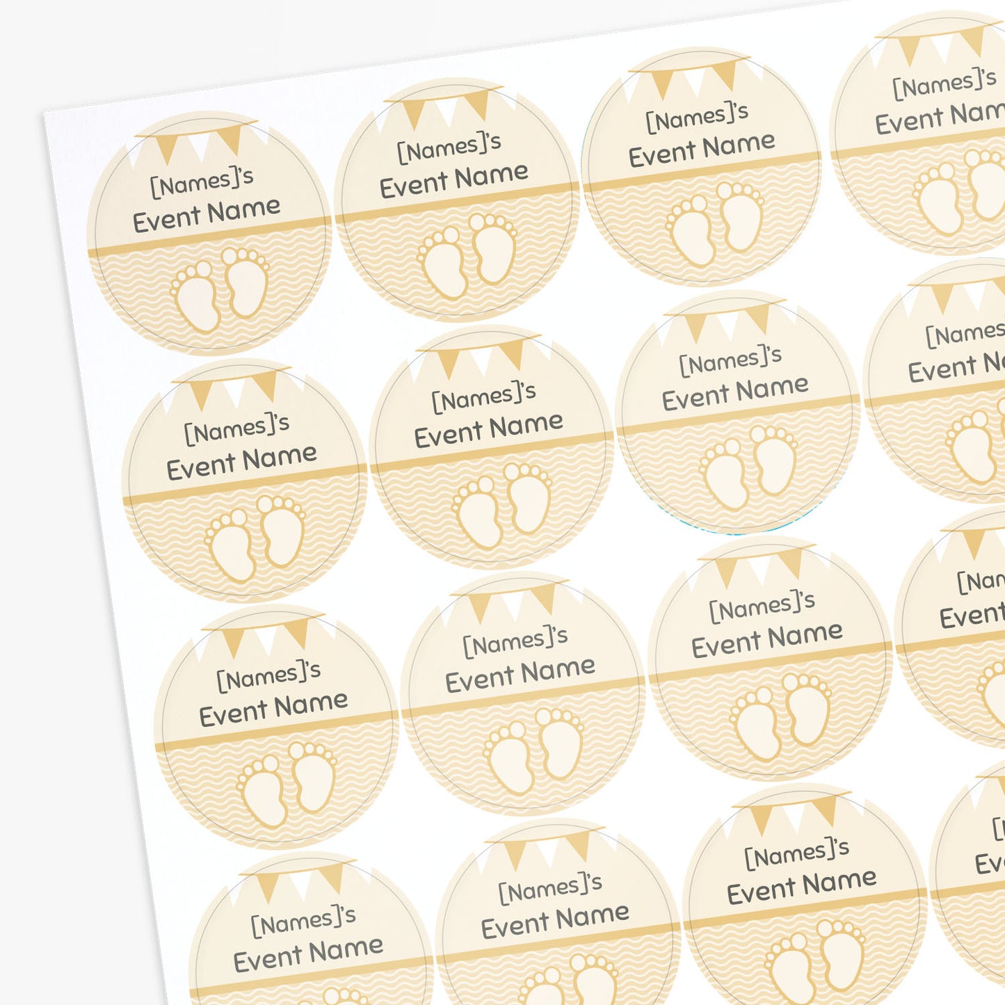 Sheet of personalized event name labels with baby footprints design.